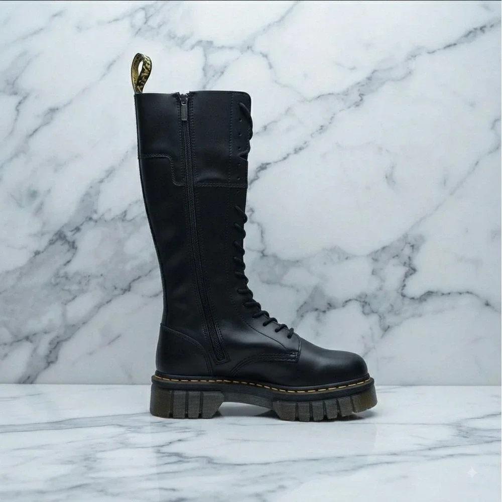 Dr. Martens Audrick 20I Black Nappa Lux Knee High Platform Boots Size US 12